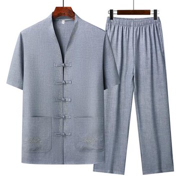 中老年人唐裝男士短袖套裝爸爸夏裝中國風亞麻棉爺爺夏季老人衣服