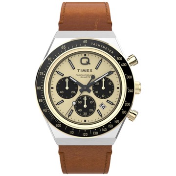 TIMEX  天美時  QTimex  40毫米 潛水風格設計 秒錶皮革腕錶(黃黑x棕TXTW2W64400)