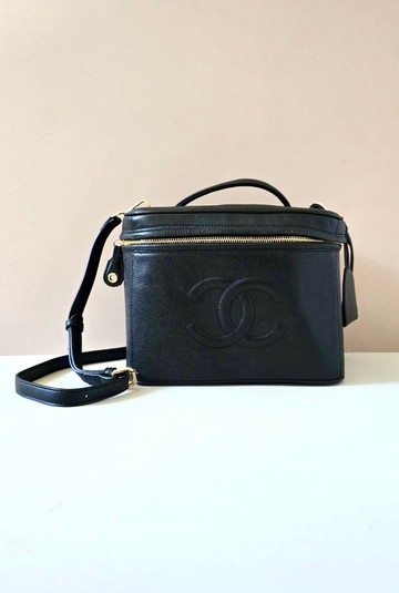 絕版古董包 Chanel黑色魚子醬化妝盒子包 斜背包 側背包 單肩包