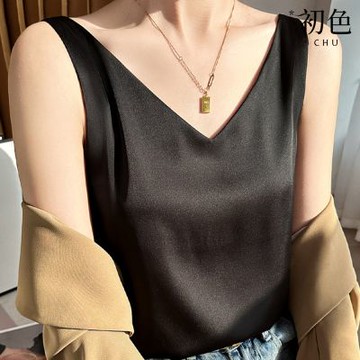 初色 韓版簡約修身醋酸緞面純色V領無袖吊帶內搭背心女背心-共11色-13429(M-3XL可選)
