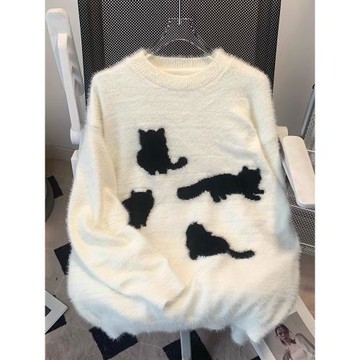 貓咪馬海毛毛衣男女情侶秋冬潮牌美式復古寬松慵懶針織衫