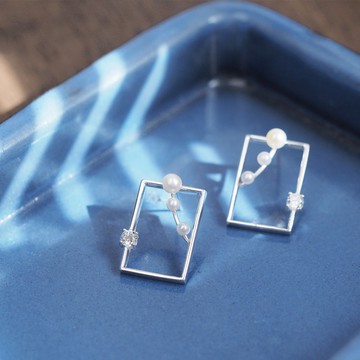 珍珠方形耳针925銀