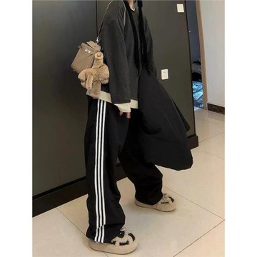 黑色條紋三條杠運動褲女春秋2026新款潮牌美式高街寬松直筒闊腿褲