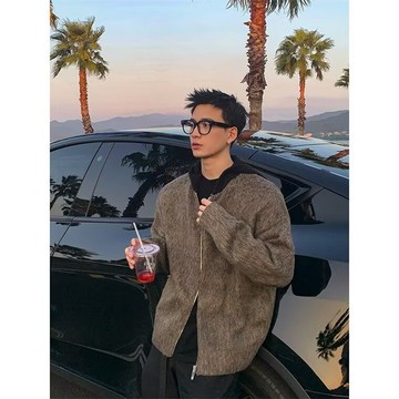 秋冬季寬鬆美式cleanfit連帽針織外套男時尚小外套拉鍊毛衣男