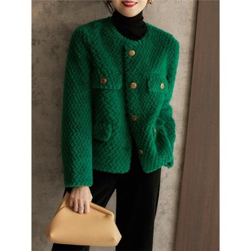 正品哥家新款2025新女冬裝綠色小香風羊毛顆粒絨短外套羊羔毛上衣