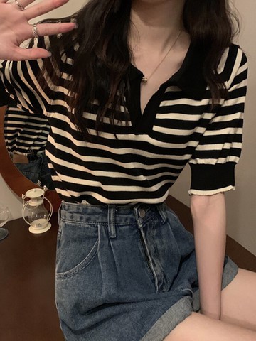 撞色條紋polo領短袖針織衫女夏季年新款韓版寬松顯瘦百搭上衣