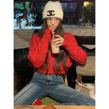 短款紅色毛衣女秋冬2026新款網紅爆款慵懶風寬松套頭漂亮麻花上衣