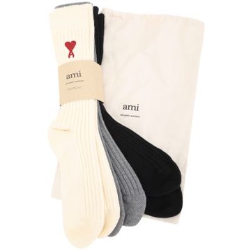 AMI PARIS Red Ami De Coeur 愛心A刺繡混紡羅紋長襪3入組(米白x灰x黑)
