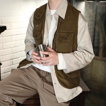 斷碼福利！秋冬日系復古多口袋燈芯絨工裝機能馬甲男背心坎肩寬松