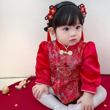 寶寶周歲禮服春秋女中式抓周禮服百天冠衣百歲宴紅色高端唐裝國風