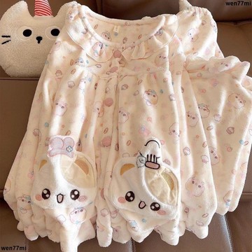 超實惠臘 秋冬女加絨睡衣 家居服套裝 兩件套爆款卡通可愛開開熊保暖法蘭絨睡衣女冬季加絨加厚宿舍家居服套裝