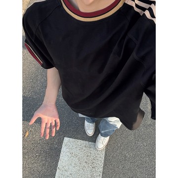 挑戰最低價 純棉短袖 夏季短袖上衣 寬鬆t恤 男t恤 美式潮牌個性線條設計黑色短袖T恤男款夏季純棉重磅圓領上衣半袖限定