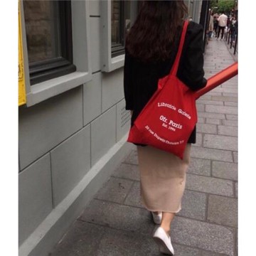 巴黎書店周邊同款法式帆布包韓版ins簡約百搭字母薄款胚布單肩包