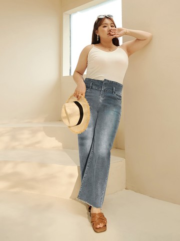 小腰精．彈力造型高腰不收邊寬褲