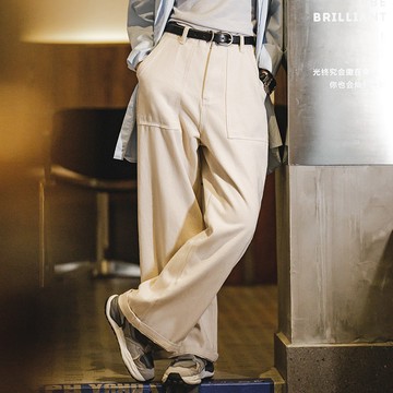 馬登女裝 白色牛仔寬褲寬鬆口袋工裝褲直筒休閒長褲子秋