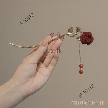 ✨可開發票#2023新款法式玫瑰髮簪古風精緻流蘇簪子高級感複古漢服新娘頭飾#免運費