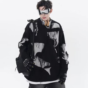 潮流小眾毛邊設計感休閒毛衣男春秋季寬擺不規則破洞針織衫男