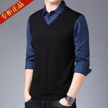 2025新款秋冬季假兩件棉質男休閑百搭商務針織衫男士襯衫領上衣潮