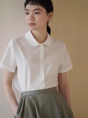 女孩模式襯衫超嗲蕾絲嵌花工藝疊穿短袖學院風顯瘦上衣