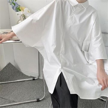 新款潮男另類設計男女同款情侶不對稱中袖襯衫寬松中長款潮男襯衣