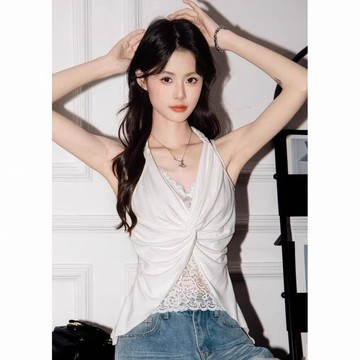 臺灣出貨法式夏季新款性感假兩件蕾絲掛脖v領吊帶背心一體帶胸墊修身上衣