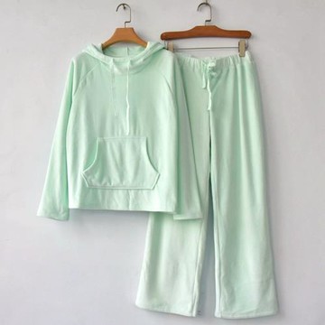 春新款歐美大碼女休閑運動金絲天鵝絨連帽長袖上衣闊腿九分褲套裝