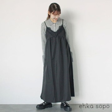 【ehka sopo】優雅蕾絲邊V領細肩帶洋裝
