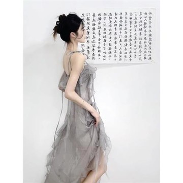 生日party小禮裙高端輕奢小眾海邊度假不規則網紗吊帶連衣裙女夏