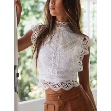 歐美風性感鏤空純色花邊刺繡拉鏈女度假小衫蕾絲衫女短袖襯衫女夏