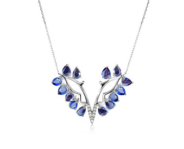 蝴蝶藍寶石14k白金鑽石項鍊 9月誕生石錦簇水滴吊墜 翅膀梨形墜子