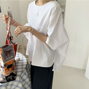 現貨秒發 T恤七分袖上衣-亞麻寬鬆清爽圓領女裝2色74ke19【獨家進口】【米蘭精品】