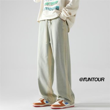 黃泥牛仔褲男款美式復古秋季高街直筒褲子潮流痞帥男裝寬松闊腿褲