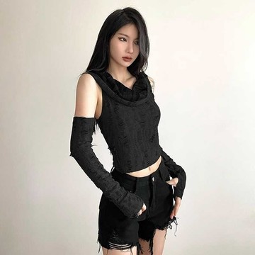 🚀台灣出貨+虧本衝評🚀日本🇯🇵 官圖 廢土風甜辣妹短款袖套上衣女春夏破洞背心連帽打底衫T恤