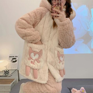 秋冬季睡衣女珊瑚絨加絨加厚爆款卡通連帽保暖三層夾棉家居服套裝