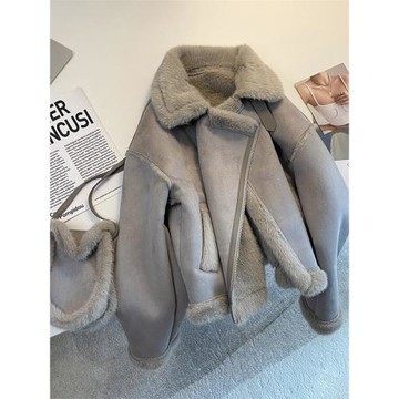 寬松加厚羊羔毛機車棉衣外套女2025年冬裝麂皮絨皮毛一體加絨棉服