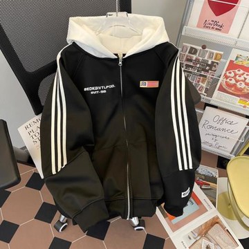 復古拼接三條杠連帽衛衣男女新款2024春秋拉鏈棒球服開衫夾克外套