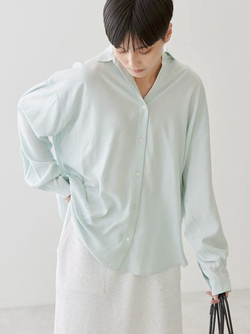 涼爽觸感素面/條紋後抓褶長版襯衫(HA51L0A1200) - AMERICAN HOLIC