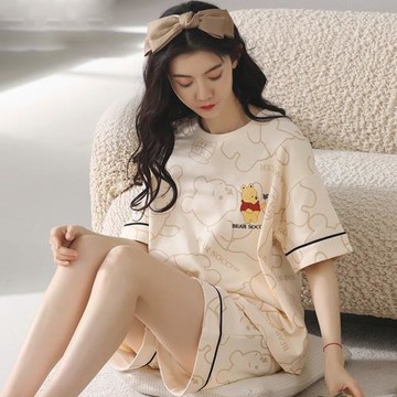 純棉睡衣女2025年新款夏季短袖短褲套裝薄款透氣印花小熊大碼舒適