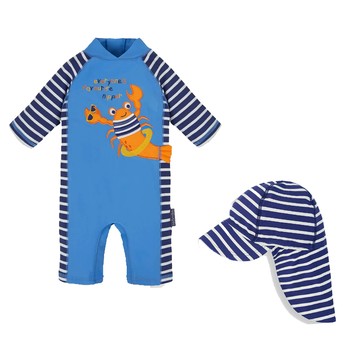 英國 JoJo Maman BeBe - 連身式泳裝+防曬護頸遮陽帽-大龍蝦_JJH3932+藍白條紋_JJH2453