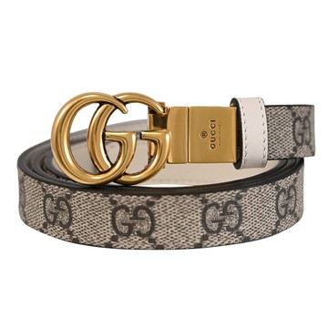 GUCCI 659418 GG Marmont 雙G LOGO印花雙面窄版皮帶.駝/白