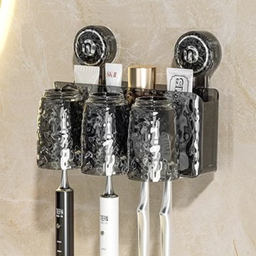 吸盤牙刷置物架 三杯  透黑  1個