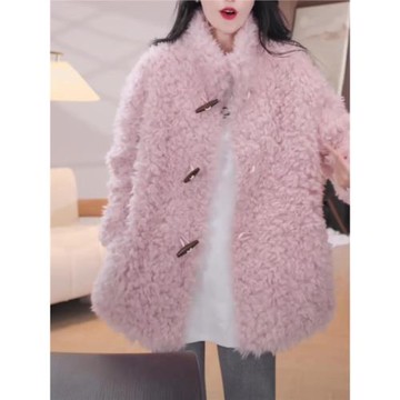 歐貨重磅粉色羊羔絨外套女2025年秋冬新款長袖正肩高領寬松上衣潮