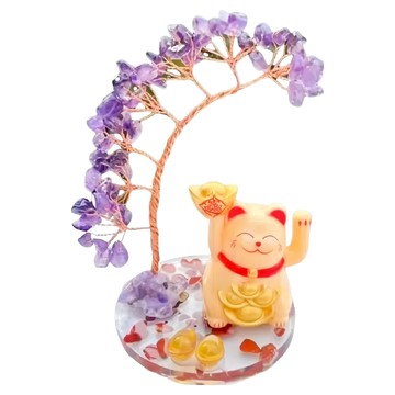 A&R 開運水晶樹 招財貓款 紫水晶貓貓舉金迎福  8 x 13cm  紫水晶