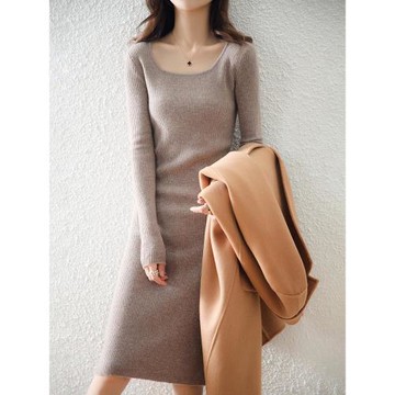 性感方領純羊毛針織連衣裙內搭一步打底裙長款修身顯瘦毛衣裙新款