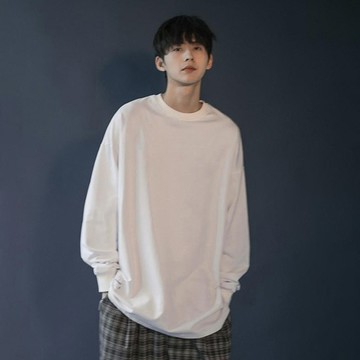 @港仔文藝男 純棉長袖t恤男秋冬潮流寬松衛衣純色百搭內搭打底衫【步行者戶外生活館】