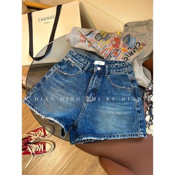 (免運)高級色！牛仔短褲女磨破2025年夏季韓版高腰a字顯瘦闊腿熱褲洋氣