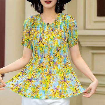 【韓國K.W.-歐美】KSN3173韓國百變花三宅風壓褶上衣(褶皺/中大尺碼/修身/輕薄/小香風)