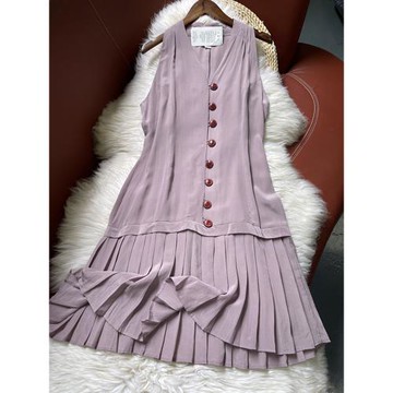 真絲雙縐女夏V領露肩寬松顯瘦背心連衣裙純桑蠶絲休閑低腰百褶裙