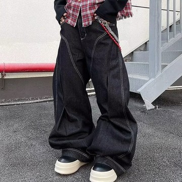 美式  復古 男生 闊腿褲 原色 明線  黑牛仔褲 男女款 潮牌 解構線 內皺 彎刀褲 高街痞帥 長褲男（G7874）