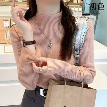 初色 純色簡約保暖加厚刷毛針織高領坑紋長袖內搭毛衣上衣女上衣-共5色-18004(F可選)